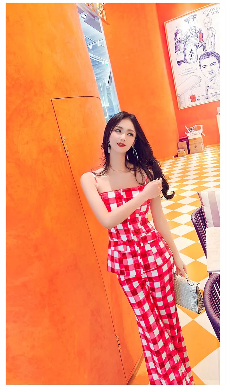 Women's Red Plaid Long Sleeves High Waist Office Lady Two Piece Suit