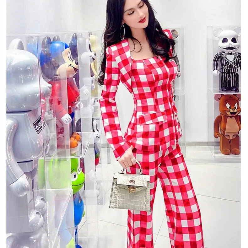 Women's Red Plaid Long Sleeves High Waist Office Lady Two Piece Suit