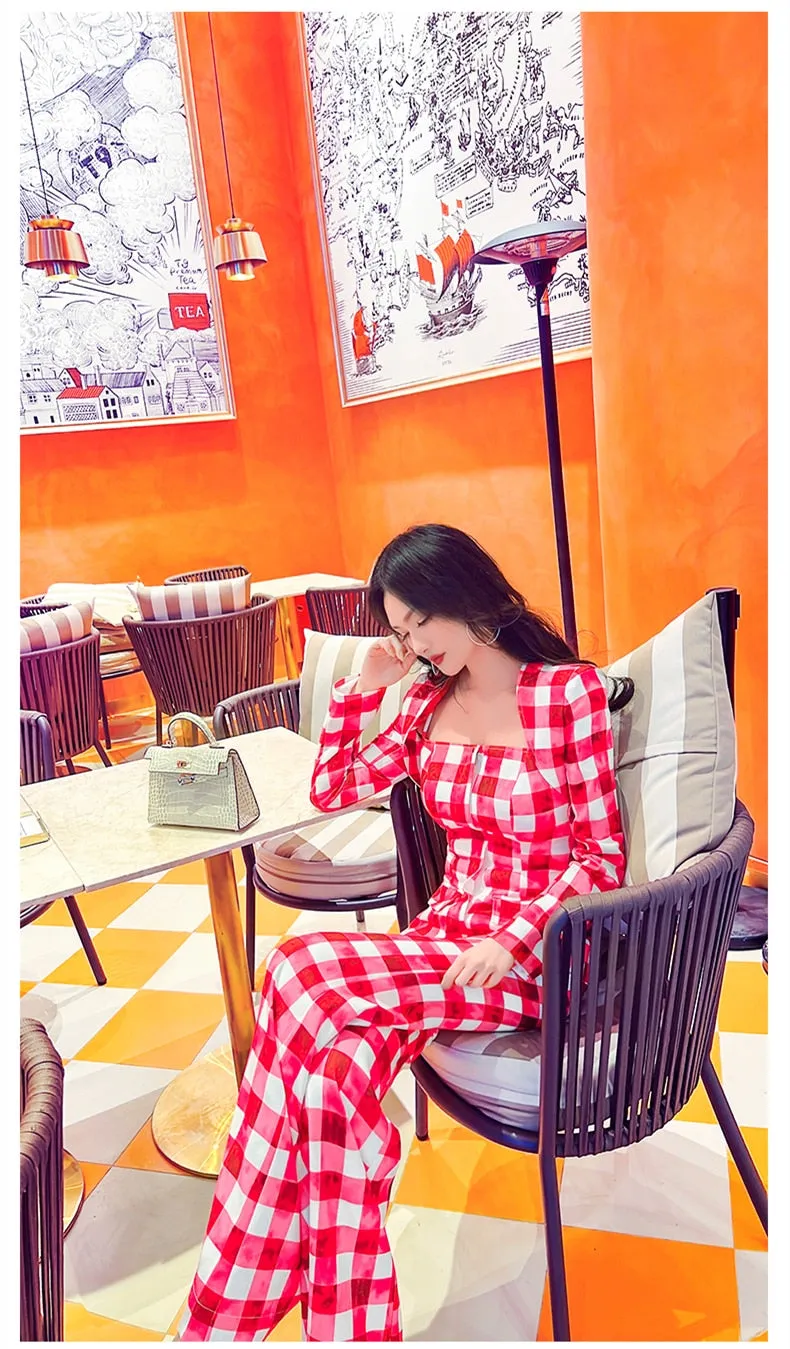 Women's Red Plaid Long Sleeves High Waist Office Lady Two Piece Suit