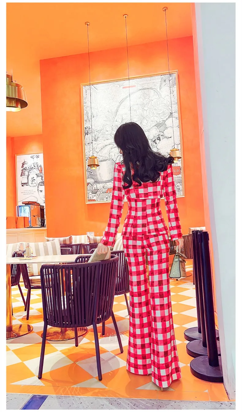 Women's Red Plaid Long Sleeves High Waist Office Lady Two Piece Suit