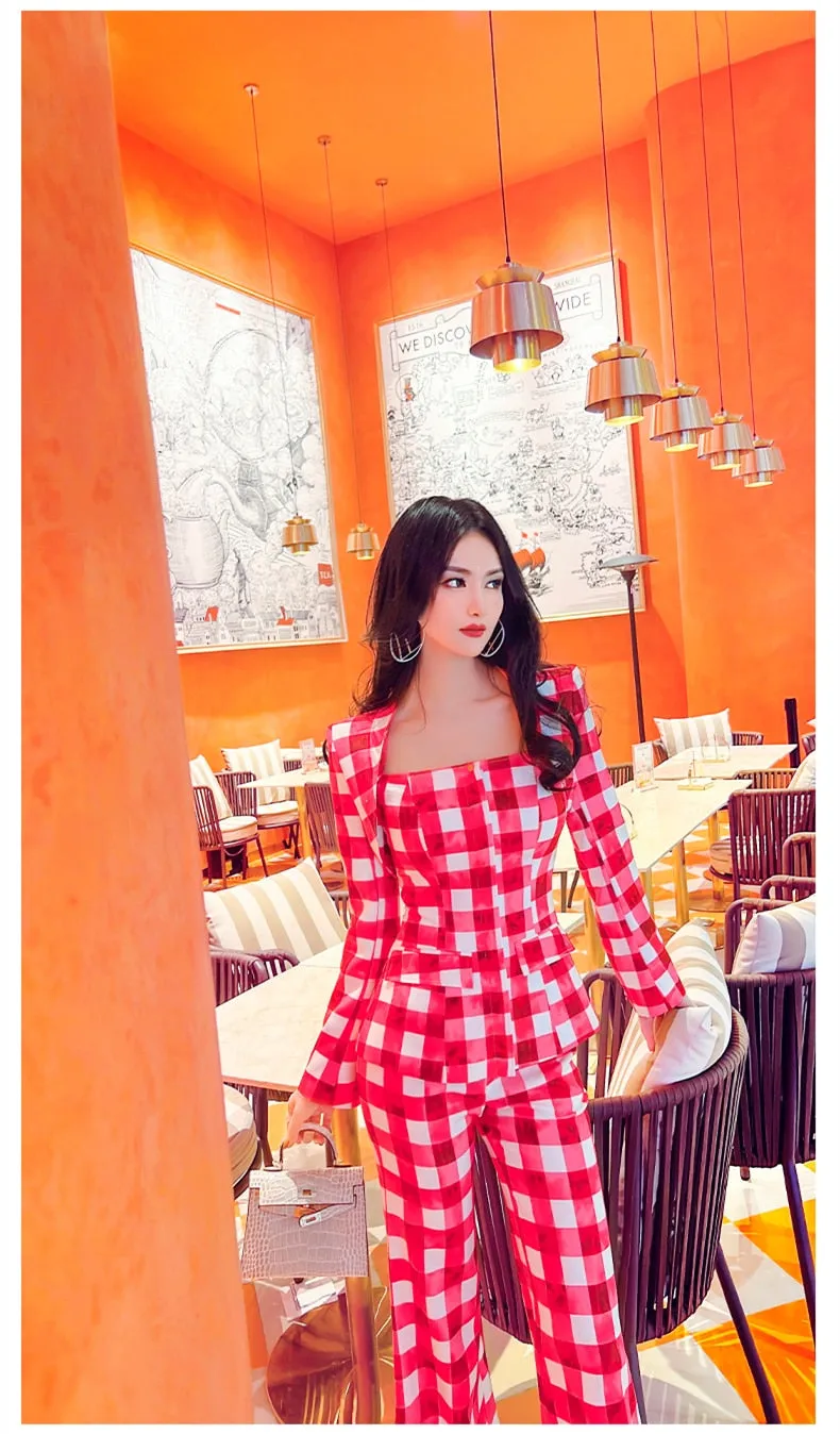 Women's Red Plaid Long Sleeves High Waist Office Lady Two Piece Suit