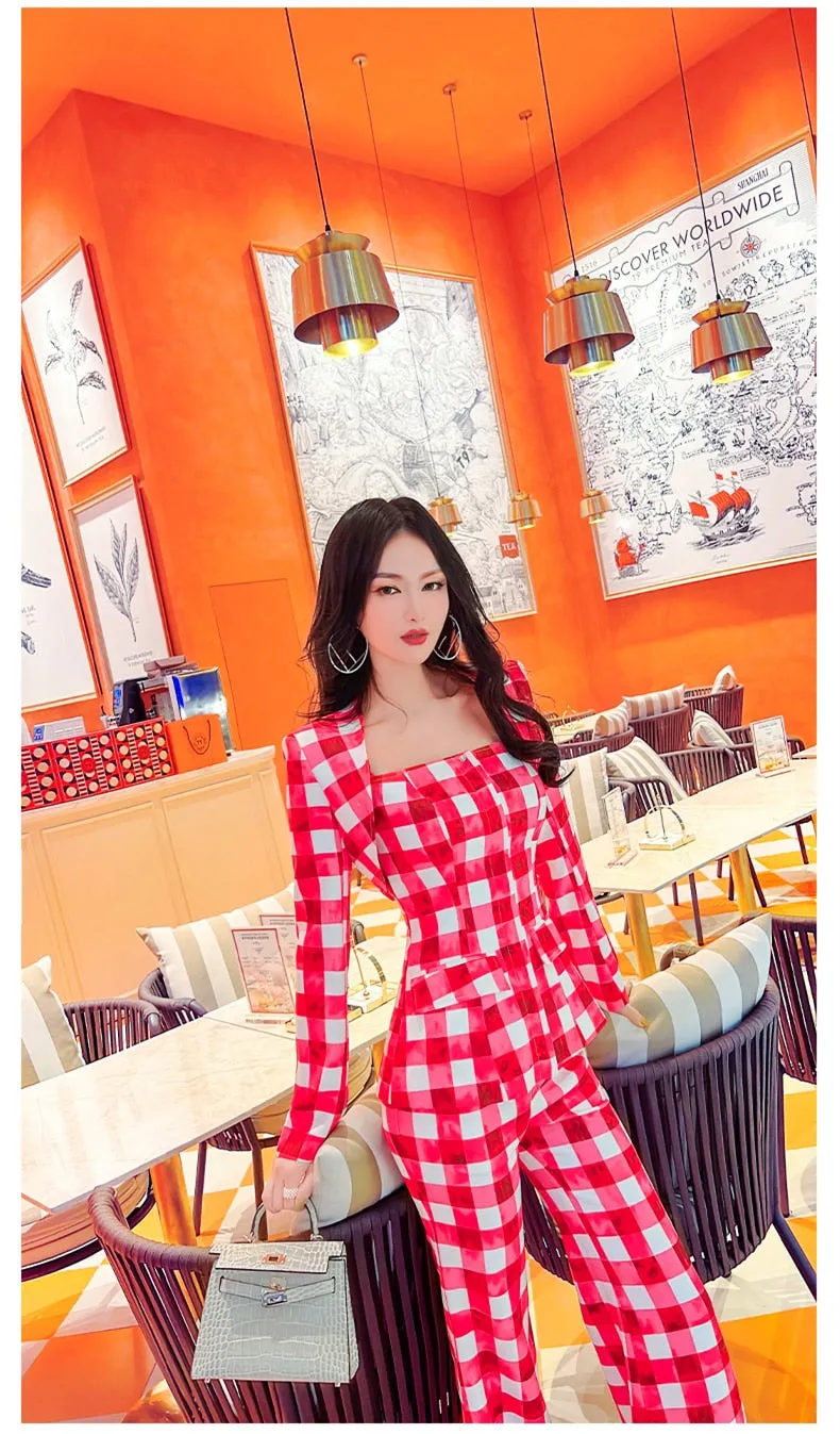 Women's Red Plaid Long Sleeves High Waist Office Lady Two Piece Suit