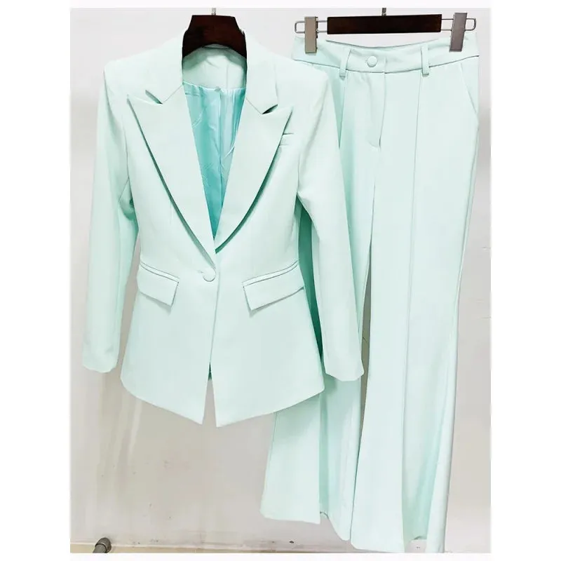 Women's Solid Long Sleeve Notched Collar Blazer Flare Pants Two-Piece Suit