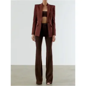 Women's Solid Long Sleeve Notched Collar Blazer Flare Pants Two-Piece Suit