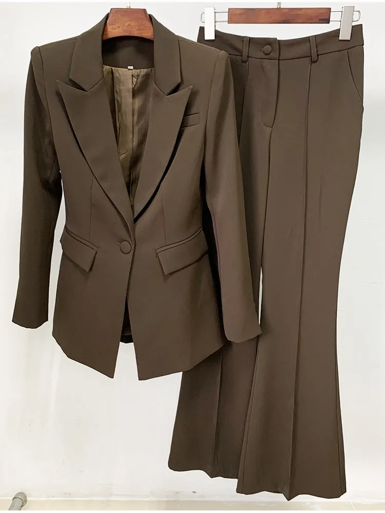 Women's Solid Long Sleeve Notched Collar Blazer Flare Pants Two-Piece Suit