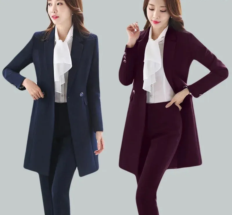 Women's Winter Formal Puff Sleeve Blazer Ankle-Length Mid Waist Pants Set