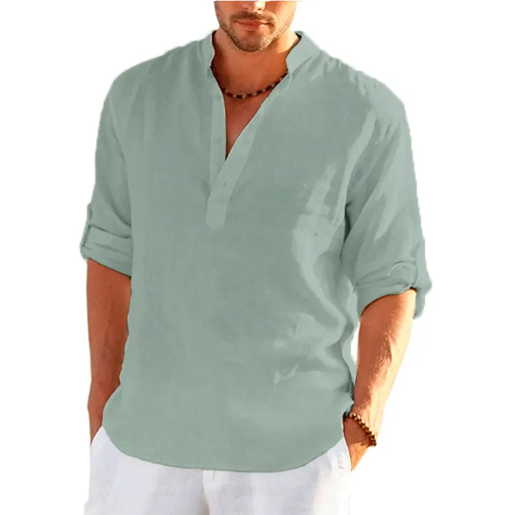 Xituodai Summer New Cotton And Linen Stand-Up Collar Buckle Half Placket Simple Short-Sleeved Shirt Men'S Loose Top Handsome T-S