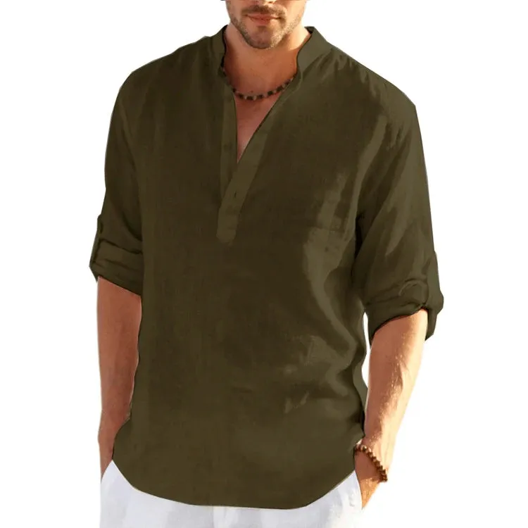 Xituodai Summer New Cotton And Linen Stand-Up Collar Buckle Half Placket Simple Short-Sleeved Shirt Men'S Loose Top Handsome T-S